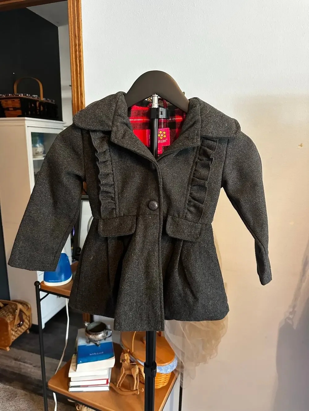 Pink Platinum Girls Charcoal Gray Ruffled Hooded Winter Coat Red Plaid Lining